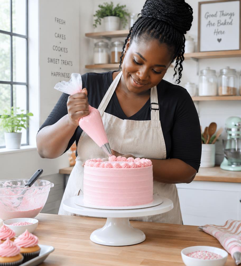 Baker piping pink buttercream on a cake